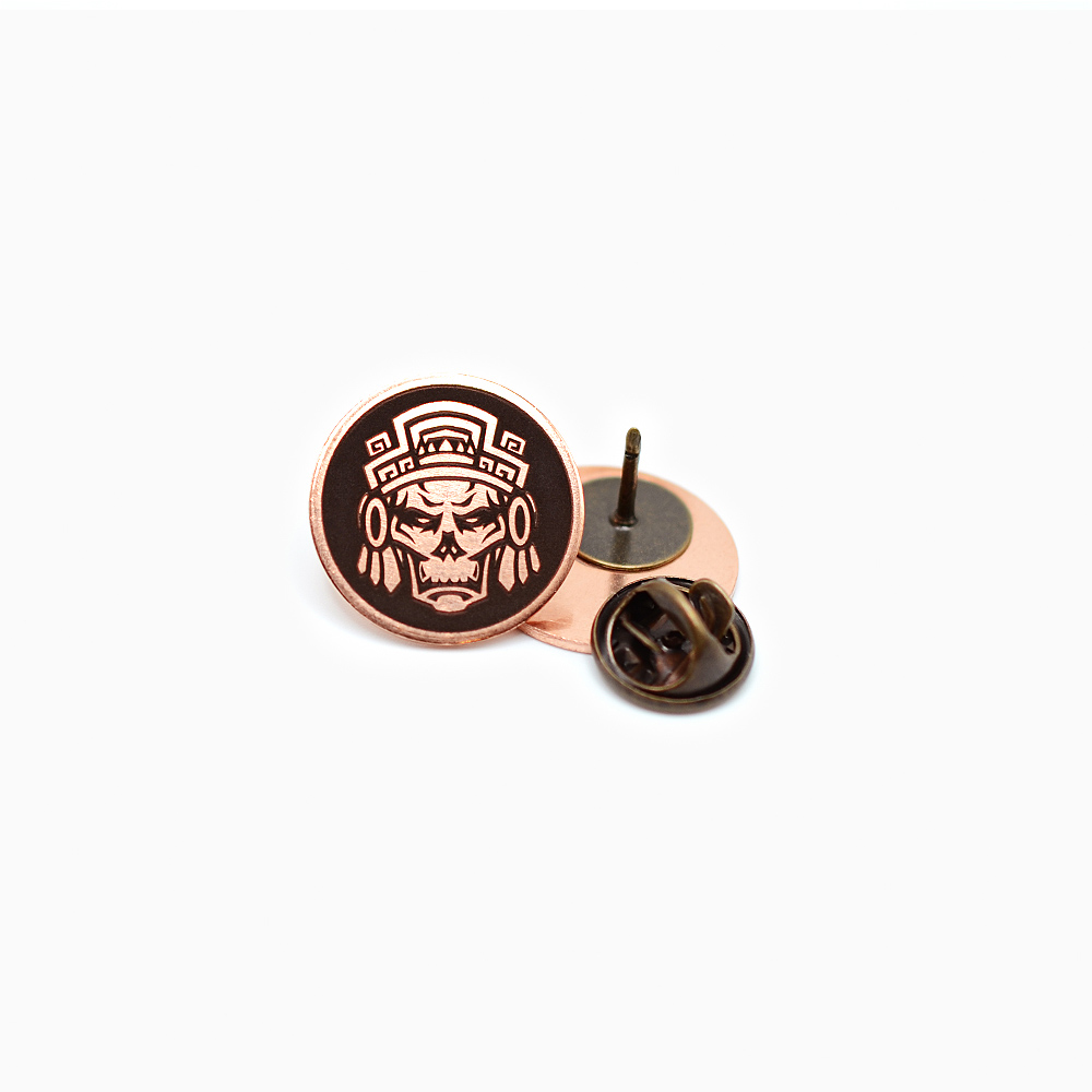 Aztec Tribal Face Copper Pin Front and Back Pin Clasp